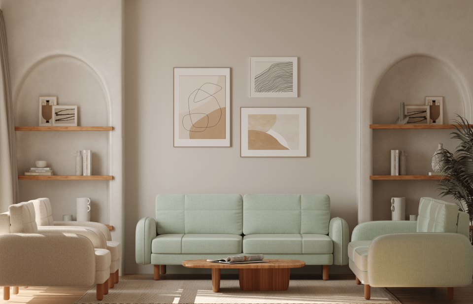 3x3x1x1 Takım - Dikişli - Makro Kadife - Işık Beyazı - Fulya Kadife - Adaçayı Yeşili - Post Modern Kol