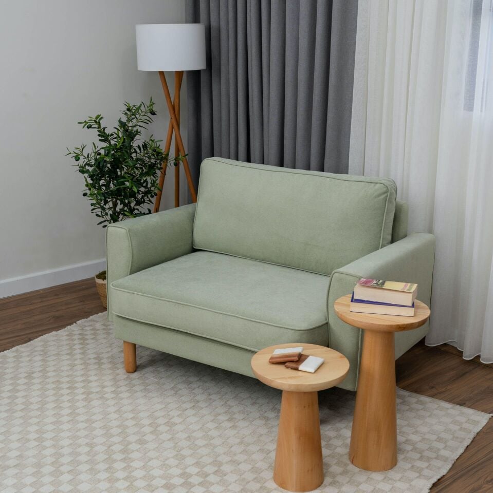 Loveseat - Fitilli - Mikro Kadife - Okaliptüs Yeşili - İskandinav Kol