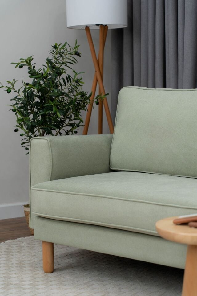 Loveseat - Fitilli - Mikro Kadife - Okaliptüs Yeşili - İskandinav Kol