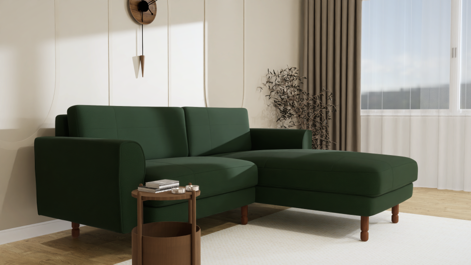 Mini Köşe - Dikişli - Makro Kadife - Amazon Yeşili - İskandinav Kol